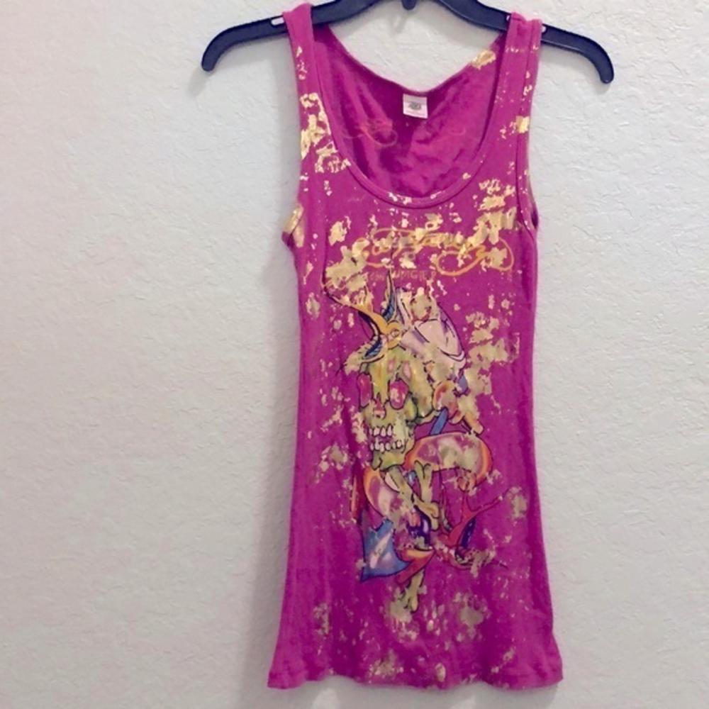 Ed Hardy Gold Foil Skull Sword Tank Y2K